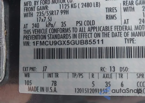 2016 Ford Escape Se из США, поврежденный, VIN 1FMCU9GX5GUB85511